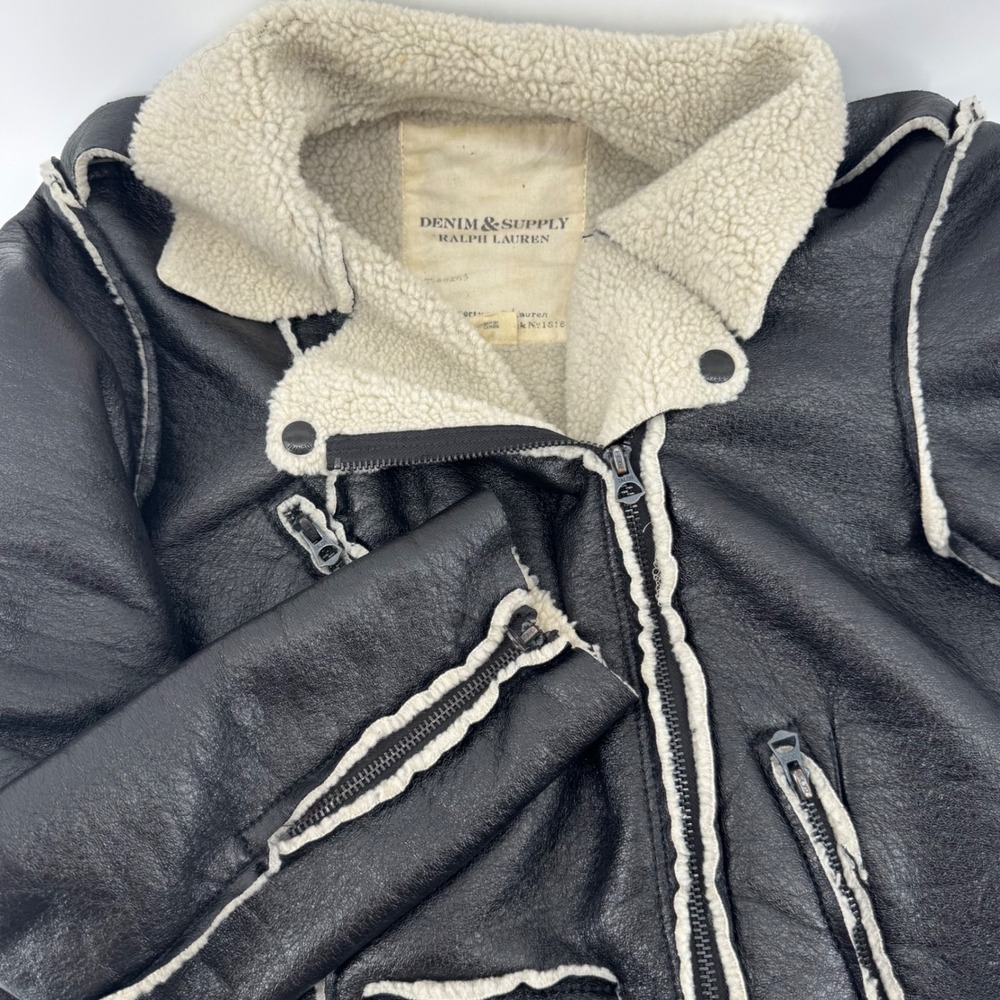 Denim & Supply Ralph Lauren Black Faux Leather Shearling Moto Jacket Womens L